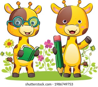 The happy couple of giraffe is holding a book and a big pencil for write in the park of the illustration