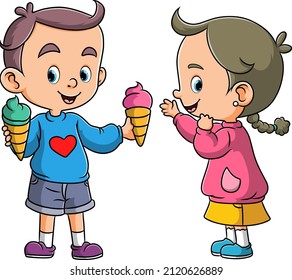 The happy couple girl and boy is holding two ice cream of illustration