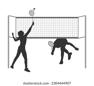 Happy couple girl and boy playing badminton vector silhouette illustration isolated on white. Friends sport fun. Badminton shape players action. Outdoor beach activity. Picnic relaxation.