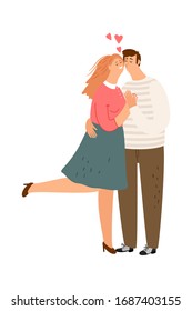 Happy couple. Girl and guy are kissing. Man hugs woman, love and friendship. Young family vector illustration