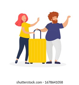 Happy couple goes on vacation and travel. At the airport with a nice big suitcase. Farewell to the homeland and loved ones. Family trip, cruise. Different countries. Modern vector illustration.