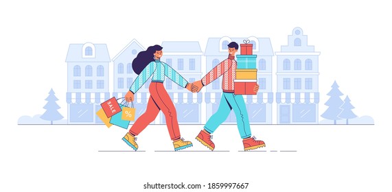 Happy couple goes with a shopping bags and gift boxes in the city. Man and woman taking part in seasonal sale at store, shop, mall. Big Christmas Sale. Cartoon characters flat vector illustration.