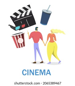 Happy couple going to cinema holding hands, flat vector illustration. Popcorn, clapperboard, soda. Entertainment industry. Romantic date.