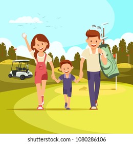 Happy Couple With Golf Clubs Leading Son to Play Golf. Golf Course. Family Holiday. Vector Illustration. Family leisure.