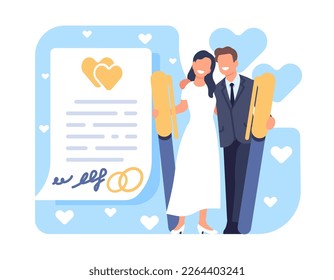 Happy couple got married and signed prenuptial agreement or prenup. Document page with signatures. Marriage registration. Bide and groom with big pens. Wedding ceremony