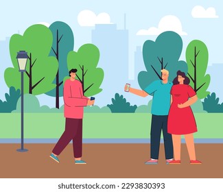 Happy couple greeting friend in park vector illustration  Cartoon drawing people hanging out outside together   holding phones  Outdoor activity  communication  friendship concept