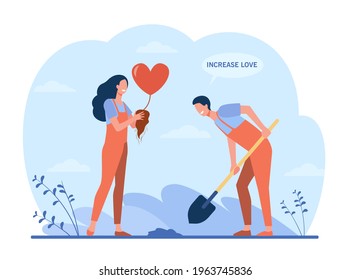 Happy couple growing heart plant. Shovel, gardener, root flat illustration. Love and planting concept for banner, website design or landing web page