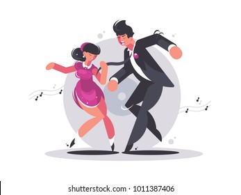 Happy couple of guy and girl dancing. Musical active dance. Vector illustration