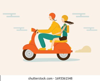 A happy couple guy and girl riding a scooter moped. Flat vector illustration for dating app or travel adventure website.
