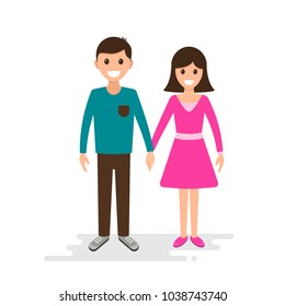 Happy Couple. Guy holding the girl's hand. Man and Woman in Love. Young Adult Family. Flat Vector Illustration.