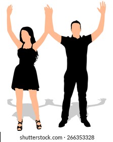 Happy couple, hands up. Vector
