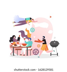 Happy couple having BBQ party, vector illustration. Chef male cartoon character grilling sausages. Barbecue and outdoor picnic composition for web banner, website page etc.