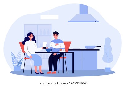 Happy couple having breakfast together. Boyfriend and girlfriend chatting at table in kitchen flat vector illustration. Romance, relationship concept for banner, website design or landing web page