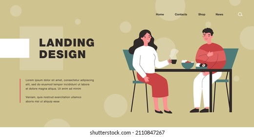 Happy couple having breakfast together. Boyfriend and girlfriend chatting at table in kitchen flat vector illustration. Romance, relationship concept for banner, website design or landing web page