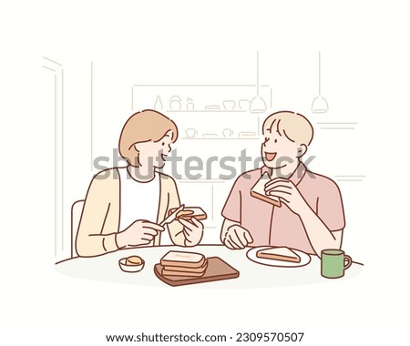 Happy couple having breakfast together in kitchen. Hand drawn style vector design illustrations.