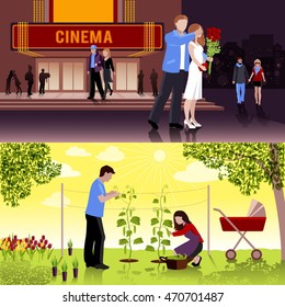 Happy couple having date at cinema and family working in garden flat compositions isolated vector illustration