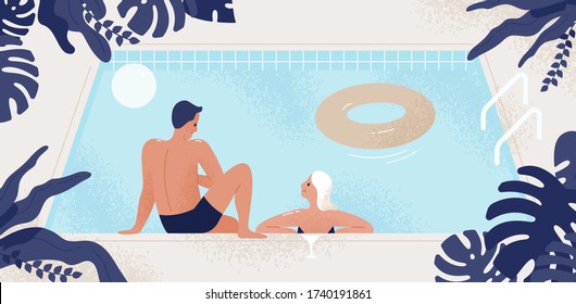 Feliz pareja conversando amistosamente en la ilustración plana vectorial de la piscina. Hombre y mujer sonriente disfrutando de una cita romántica al aire libre. Alegres en traje de baño con actividades al aire libre