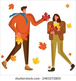Happy couple having fun against autumn leaves background. Illustration with cute characters in flat style.
