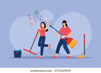 Happy Couple Having Fun Cleaning Home While Singing and Dancing with Mop and Broom 2d flat vector illustration