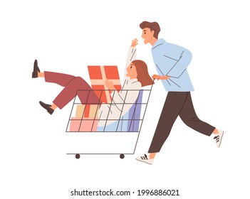 Happy couple having fun with shopping cart. Young man pushing supermarket trolley with holiday gifts and woman sitting in it. Flat vector illustration of funny buyers isolated on white background