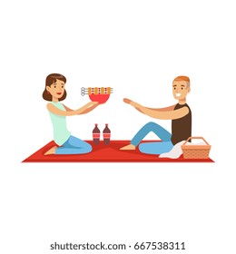 Happy couple having outdoor barbeque picnic, man and woman characters in love sitting on a picnic plaid vector Illustration
