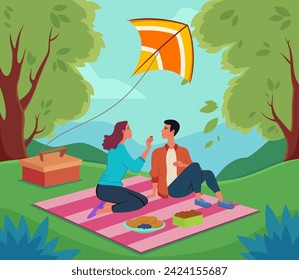 Happy couple having picnic in park vector illustration. Man and woman in love sitting on blanket, woman giving berry to man. Green trees, kite in sky. Outdoor activities, romance, dating concept