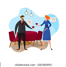 Happy Couple Having Romantic Date in Fine Dining Restaurant They Drink Wine and Clinking Glasses, Cheers. Man and Woman Drinking Red Wine Together. Celebration. Cartoon Flat Vector Illustration. Icon.