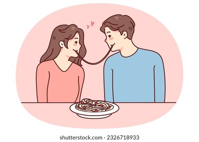 Happy couple having romantic date in restaurant eating pasta together. Man and woman enjoying romance in cafe. Flat vector illustration.