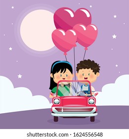 happy couple with heart balloons on classic car over purple nightfall background, colorful design, vector illustration