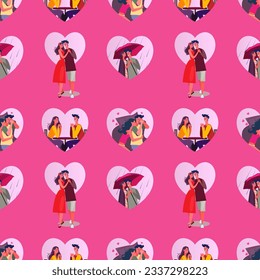 Happy couple in heart frame pattern vector illustration. Man and woman walking in rain, hugging, sleeping together, having dinner in restaurant. Love, romance, relationship concept