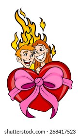 Happy Couple with Heart Gift and Fire