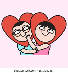 Happy Couple With Heart Shaped Head Feeling In Love And Hugging Each Other. Lover Celebrate A Romantic Date On Valentine’s Day Concept Card Character illustration