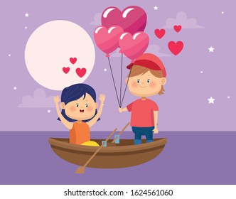 happy couple with hearts balloons in wooden canoe over purple nightfall background, colorful design, vector illustration