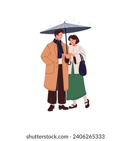 Happy couple hiding under umbrella from rain. Man in coat holding parasol, woman with bag standing under brolly. People walking in rainy weather. Flat isolated vector illustration on white background