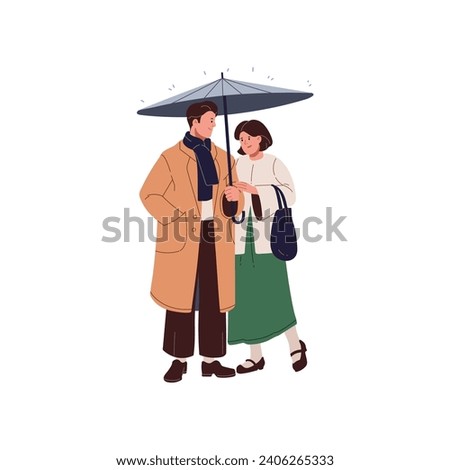 Happy couple hiding under umbrella from rain. Man in coat holding parasol, woman with bag standing under brolly. People walking in rainy weather. Flat isolated vector illustration on white background