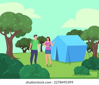 Feliz caminata de pareja en la ilustración del vector forestal. Hombre y mujer disfrutando de viajar con carpa en verano. Inmersión en la naturaleza, actividad al aire libre, concepto de salud mental