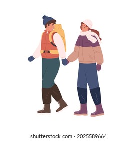 Happy couple hiking in winter. Man and woman traveling with backpacks in cold weather. Hikers in warm clothes walking together, holding hands. Flat vector illustration isolated on white background