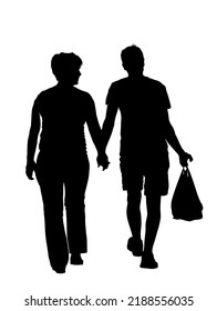 Happy couple hold hands vector silhouette illustration isolated on white. Mature coupe in love together in retail shopping market with bag. Parents, mother and father closeness in public.