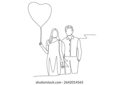 Happy couple holding balloons. Couple Anniversaries concept one-line drawing