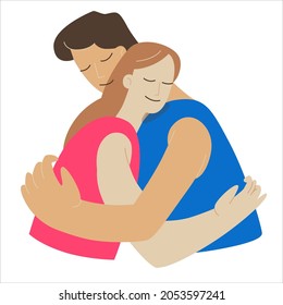 Happy couple holding each other in tight hug with smile on their faces. Parents, lovers, family or friends. Diffetent skin colors. Vector illustration isolated on white background