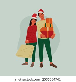 Happy couple Holding Gift Boxes for Christmas, New Year, and Birthday Celebration. Characters Men and Women with Holiday Presents Isolated on green Background. Cartoon Vector Illustration 
