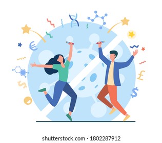 Happy couple holding glass tube and jumping. Vaccine, negative covid test flat vector illustration. Coronavirus, end of epidemic, infection concept for banner, website design or landing web page