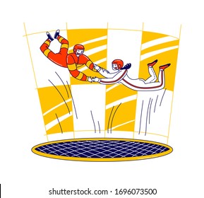 Happy Couple Holding Hands Flying in Wind Turbine. Male Female Characters Extremal Sport Experience and Recreation Spare Time. Skydiving Hobby, Free Fall Aerobatic. Linear People Vector Illustration