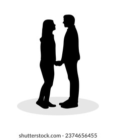 Happy Couple Holding Hands. Couple in love. Black silhouettes and white background.