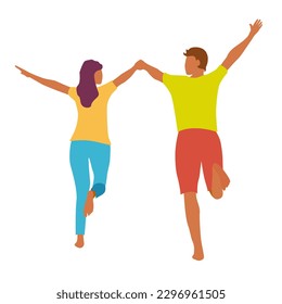 Happy couple holding hands and running together. Man and woman looking at each other. Cartoon flat vector illustration. Isolated on white background.