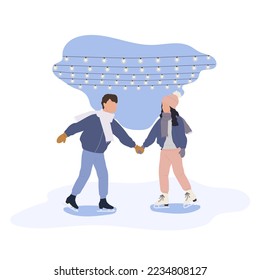 The happy couple holding hands and skating on ice rink under a glowing garland on winter holidays. Christmas vacation in urban park. Vector illustration isolated on white background