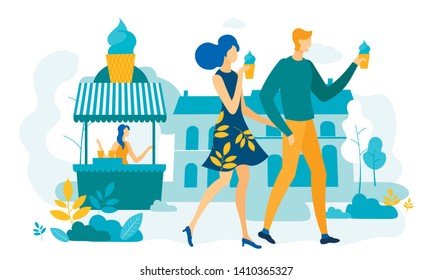 Happy Couple Holding Hands Walking in City Park Eating Ice Cream. Loving Pair of Characters Spending Time Outdoors at Summer Time. Love, Human Relations, Friendship. Cartoon Flat Vector Illustration