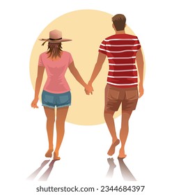 Happy Couple Holding Hands Walking along Seaside on sunset. Love, Relations, Loving Pair on Beach, Summer Cartoon Flat Vector Illustration