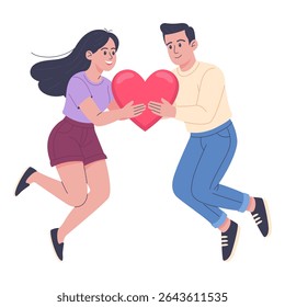 Happy couple holding heart together. Flat vector cartoon of young man and woman in love floating with big red heart symbol. Romantic relationship concept on white background