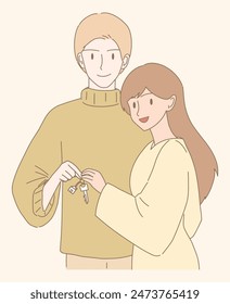 Pareja feliz sosteniendo la llave de la casa, comprando casa nueva. Esposa y esposo se mudan a un nuevo departamento. Dibujado a mano Ilustración vectorial de personaje de dibujos animados.